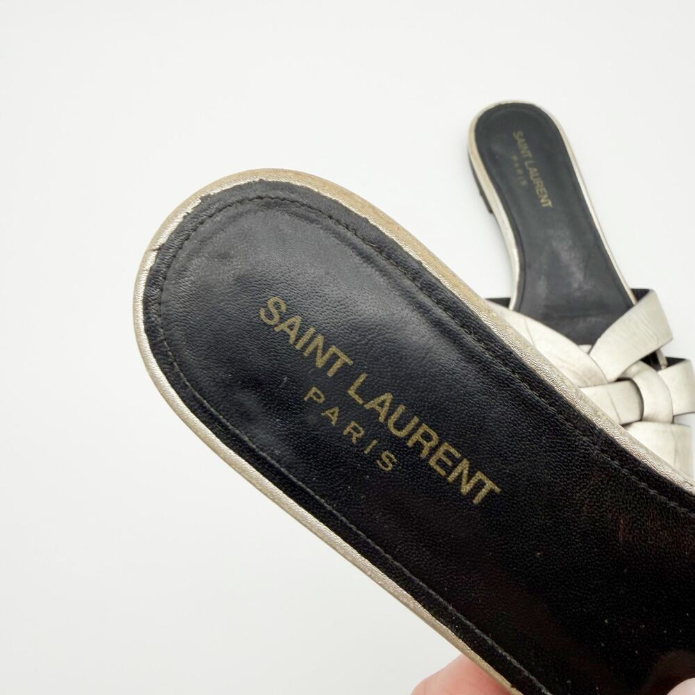 Saint Laurent Tribute Silver Metallic Leather Woven Flat Sandals Slides 40.5 - Picture 3 of 7